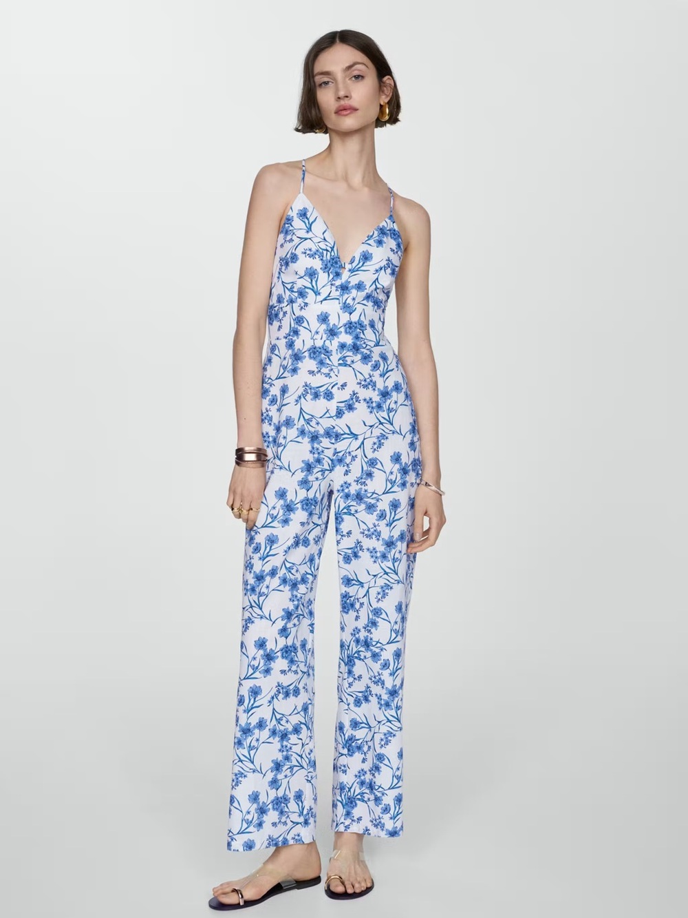 Mango Blue floral-print cotton jumpsuit NWT